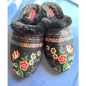 Johnny Was Ardell Slipper Floral Black Furry Slip On Size Women's 9